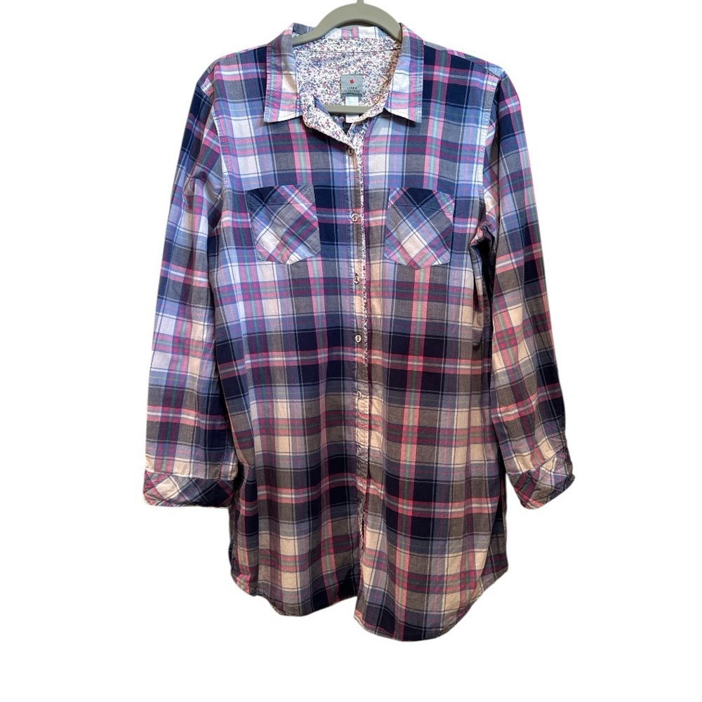 Plaid Shirt Floral Roll Tab Sleeves Pastels Button Down Casual Relaxed Fit Sz L